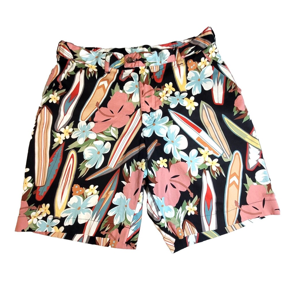 Loudmouth Hawaiian Multi Color Bright Surf Boards Flat Front Golf Shorts 32"